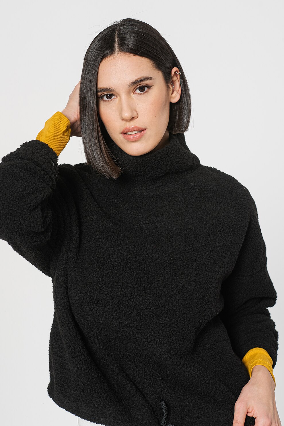 Only, Bluza sport din material teddy cu guler inalt Amara, Negru